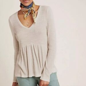 ANTHROPOLOGIE T.La WOMEN'S BEIGE V-NECK JILL BABYDOLL PEPLUM TOP Sz S